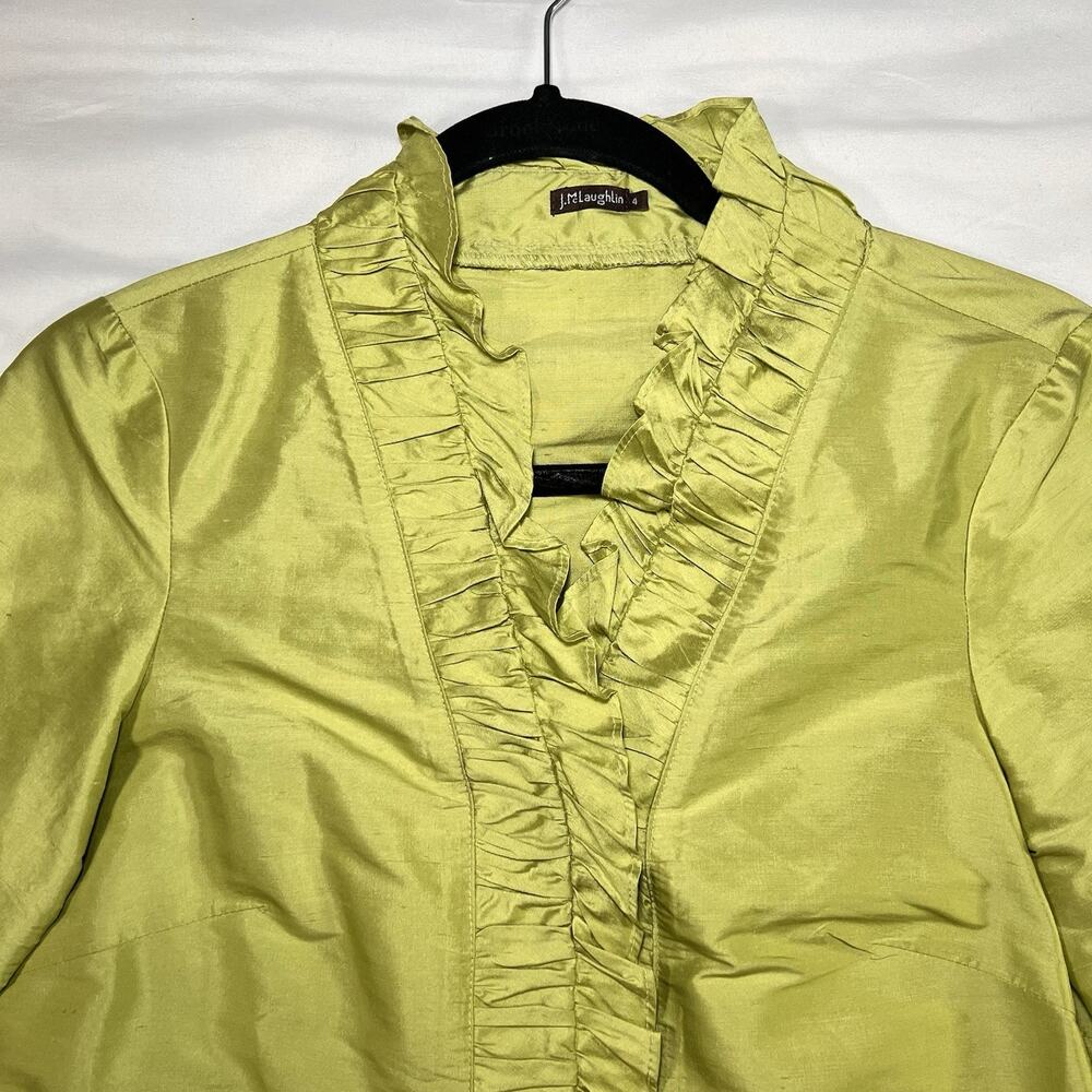 J. McLaughlin 100% Silk Shirt Size 4 Green Ruffle Neck Front Button Long Sleeve - Picture 5 of 12